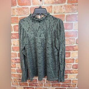 Cable and Gauge Lace babydoll Mock Neck Long-Sleeve Top - forest Green